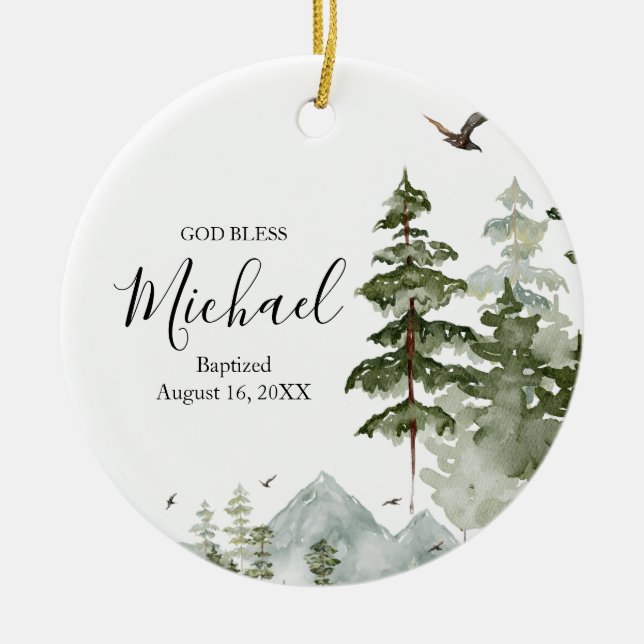 Winter Pine Tree Forest Baptism God Bless Ceramic Tree Decoration (Front)