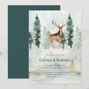 Winter Pine Tree Forest Deer Antlers Wedding Invitation