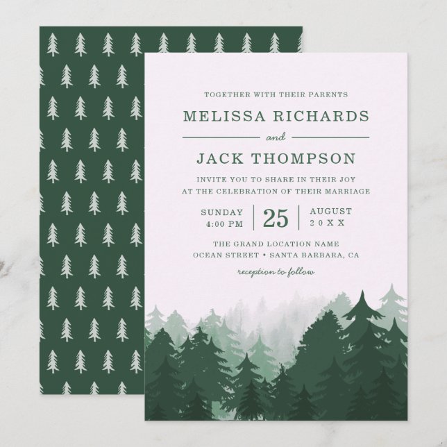 Winter Pine Tree Forest Green Rustic Wedding Invitation (Front/Back)