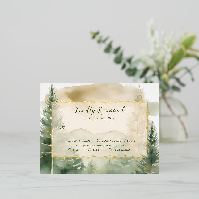 Winter Pine Tree Forest Monogram Wedding RSVP Card (Standing Front)