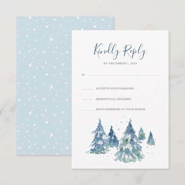 Winter Pine Tree Forest Watercolor Wedding RSVP Card (Front/Back)