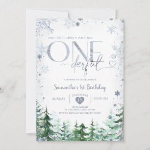 Winter Pine Tree Isn't She Onederful 1st Birthday Invitation