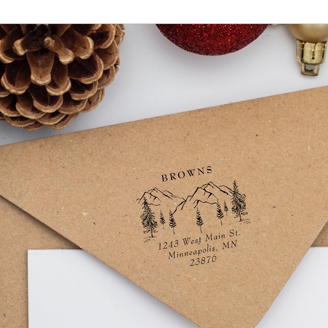 Winter Pine-tree Landscape Family Return Address Rubber Stamp (Creator Uploaded)