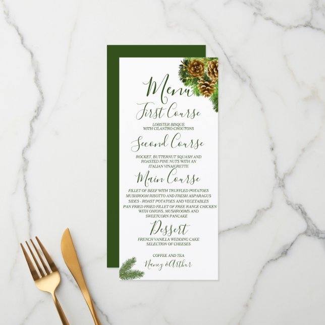 Winter Pine Tree & Pine Cones Wedding Menu (Front/Back In Situ)