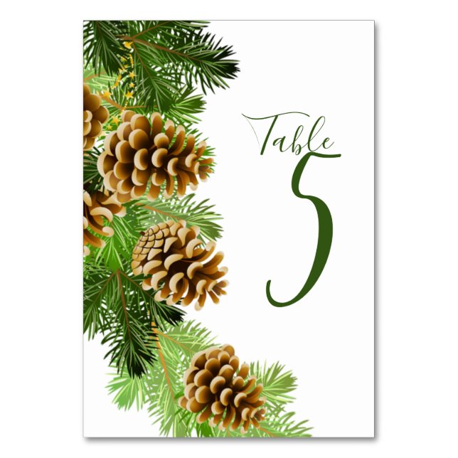 Winter Pine Tree & Pine Cones Wedding Table Number (Front)