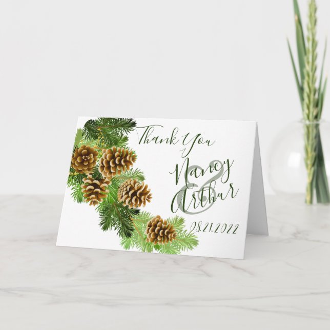 Winter Pine Tree & Pine Cones Wedding Thank You Card (Front)