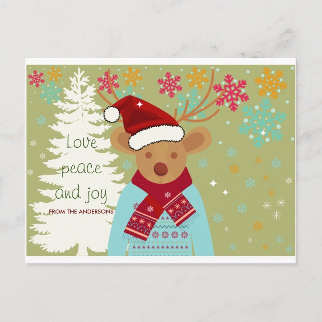 Winter Pine Tree Reindeer Cute Vintage Christmas Postcard (Front)
