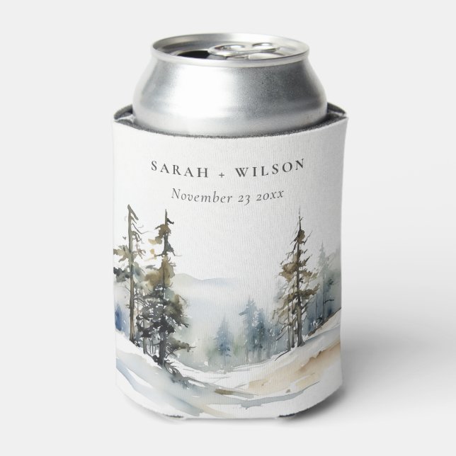 Winter Pine Tree Snow Landscape Watercolor Wedding Can Cooler (Can Front)