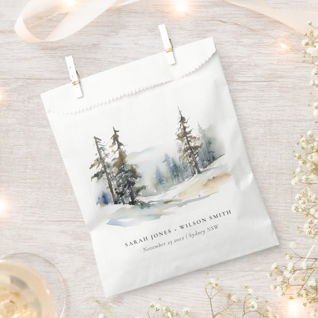 Winter Pine Tree Snow Landscape Watercolor Wedding Favour Bags (Clipped)