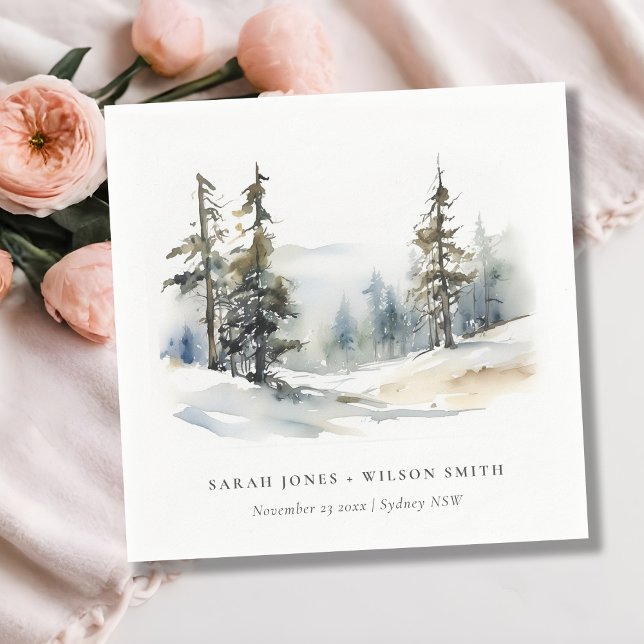 Winter Pine Tree Snow Landscape Watercolor Wedding Napkin (Creator Uploaded)