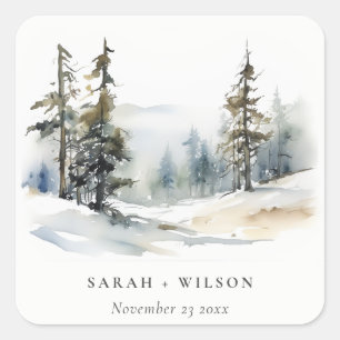 Winter Pine Tree Snow Landscape Watercolor Wedding Square Sticker