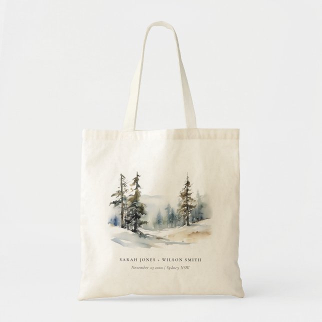 Winter Pine Tree Snow Landscape Watercolor Wedding Tote Bag (Front)
