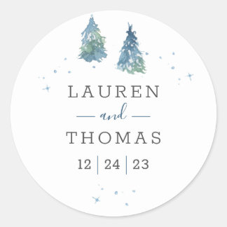 Winter Pine Tree Watercolor Wedding Classic Round Sticker