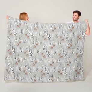 Winter Pine Trees and Cute Deer Fleece Blanket