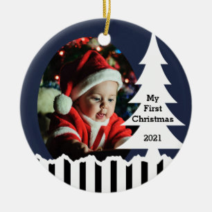 Winter Pine Trees and Stripes Photo Ceramic Tree Decoration