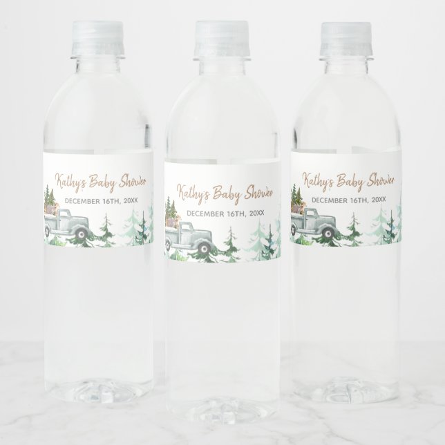 Winter Pine Trees Baby Shower Water Bottle Label (Bottles)