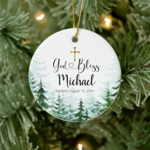 Winter Pine Trees Baptism Ornament God Bless