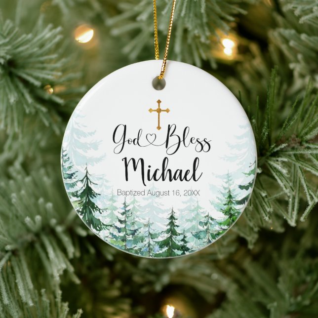 Winter Pine Trees Baptism Ornament God Bless (Tree)
