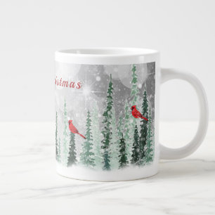 Winter Pine Trees Christmas Red Cardinals Large Coffee Mug