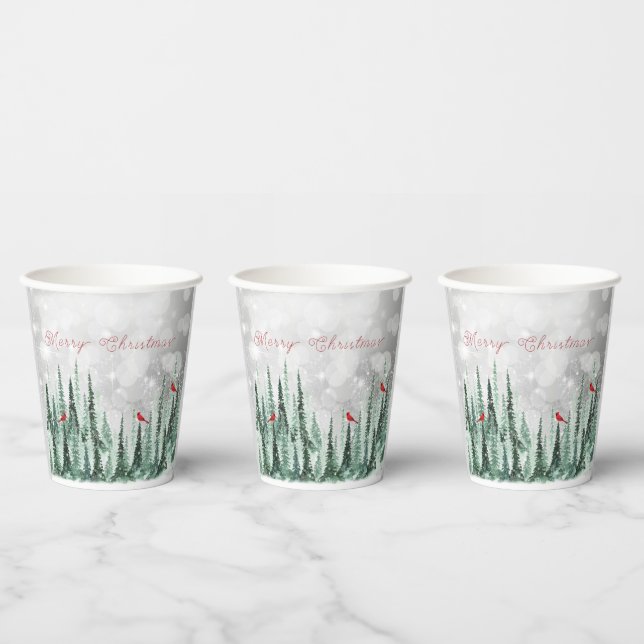 Winter Pine Trees Christmas Red Cardinals Paper Cups (Multi)