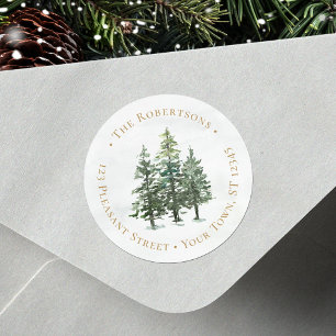 Winter Pine Trees Christmas Round Return Address  Classic Round Sticker