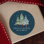 Winter Pine Trees Classic Round Sticker<br><div class="desc">Pine trees family name Christmas stickers. Customisable!</div>