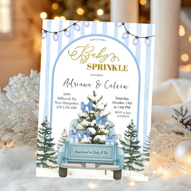 Winter Pine Trees Coquette Bow Blue Baby Sprinkle Invitation (Creator Uploaded)