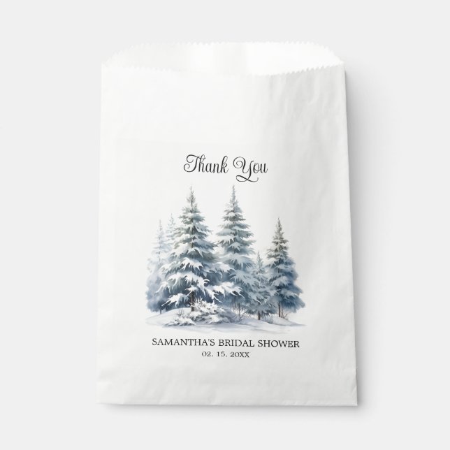 Winter pine trees forest Snow in Love Thank You Favour Bags (Front)