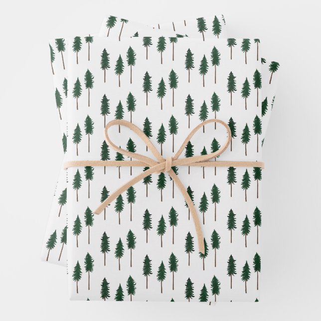 Winter Pine Trees Minimalist Retro Forest Pattern  Wrapping Paper Sheet (In situ)