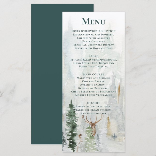 Winter Pine Trees Snow Deer Antlers Wedding  Menu (Front/Back)