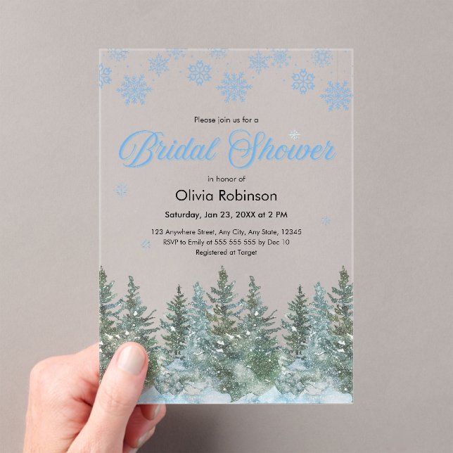 Winter Pine Trees Snowflakes Bridal Shower Acrylic Invitations (Insitu (Handheld))