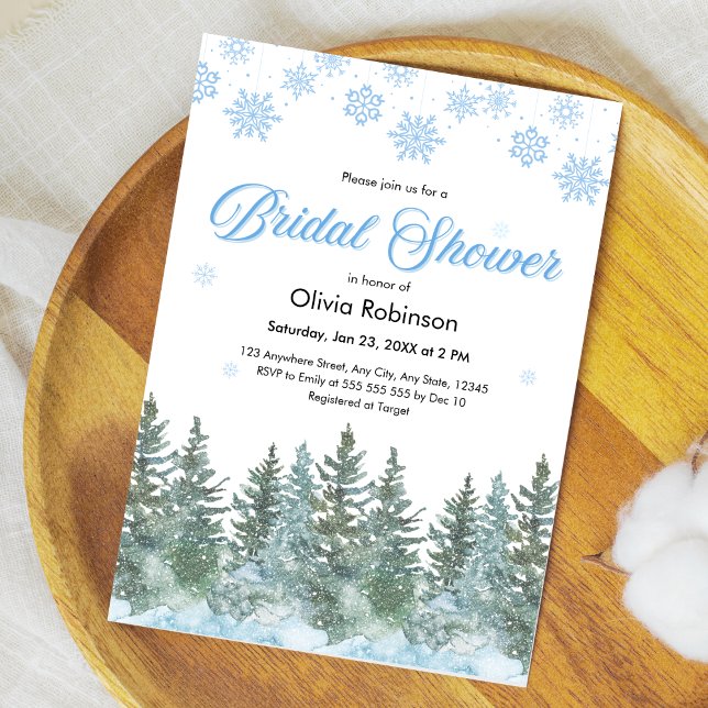 Winter Pine Trees Snowflakes Bridal Shower Invitation (Winter Pine Trees Snow in Love Snowflakes Bridal Shower Invitation )