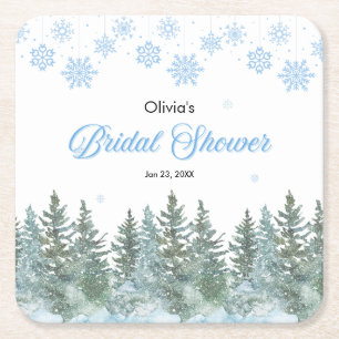 Winter Pine Trees Snowflakes Bridal Shower  Square Paper Coaster