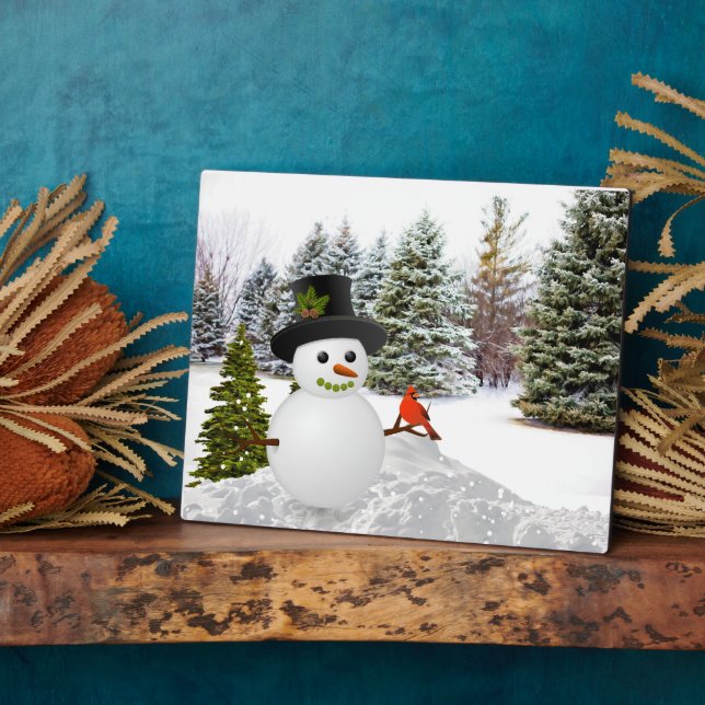 Winter Pine Trees Snowman and Cardinal Bird  Plaque (Side)