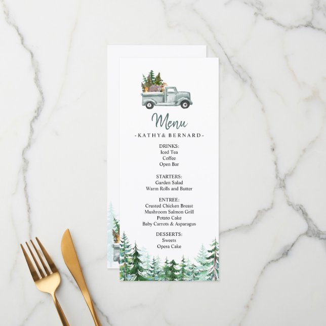 Winter Pine Trees Woodland Animals Menu (Front/Back In Situ)