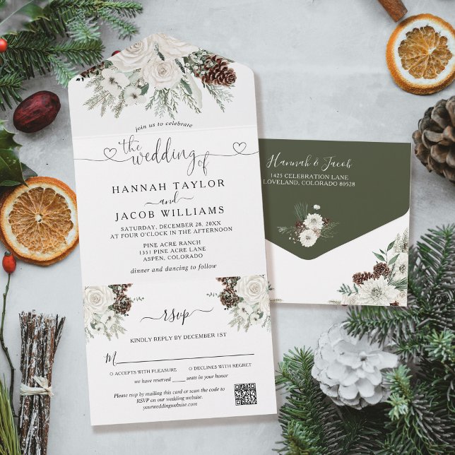 Winter Pine Wedding with QR Code RSVP All In One Invitation (Creator Uploaded)