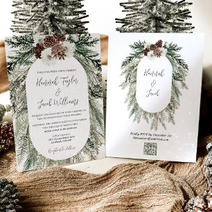 Winter Pine White Floral Wedding with QR Code RSVP Invitation
