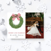Winter Pine Wreath Merry & Married Photo Christmas
