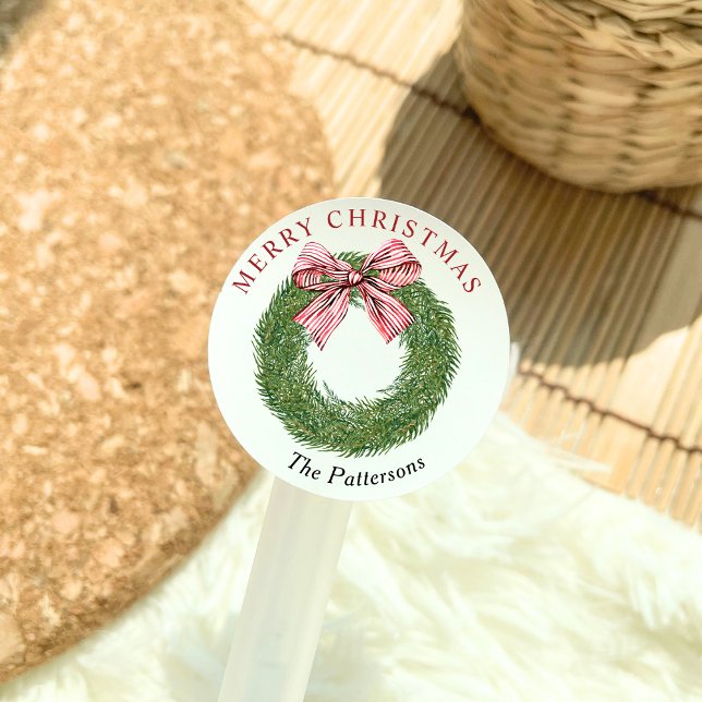 Winter Pine Wreath Striped Red Bow Merry Christmas Classic Round Sticker (Creator Uploaded)