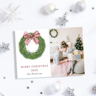 Winter Pine Wreath Stripes Red Bow Photo Christmas Holiday Card