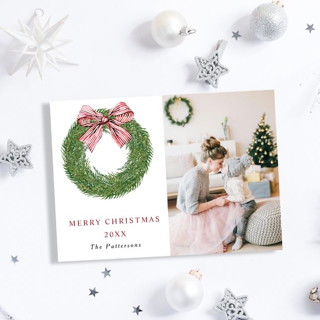 Winter Pine Wreath Stripes Red Bow Photo Christmas Holiday Card (Creator Uploaded)