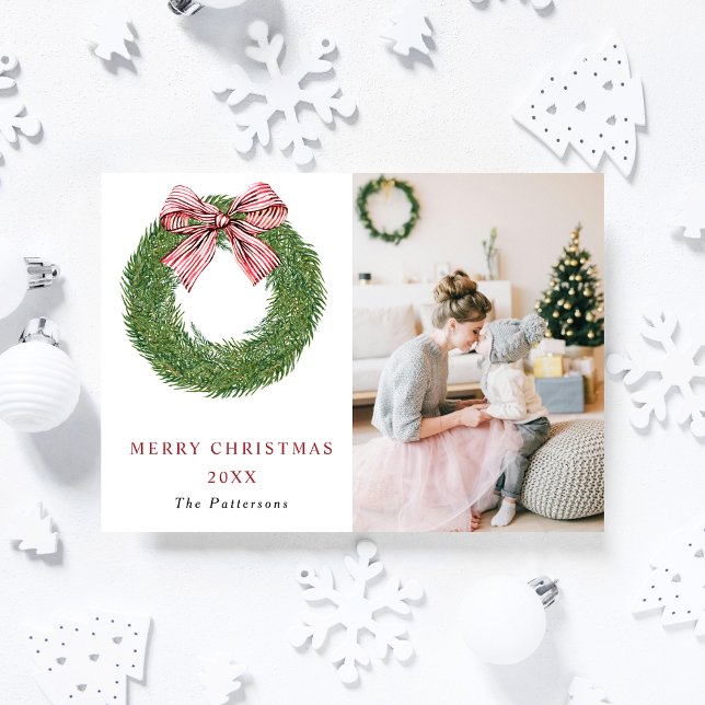Winter Pine Wreath Stripes Red Bow Photo Christmas Holiday Postcard (Creator Uploaded)