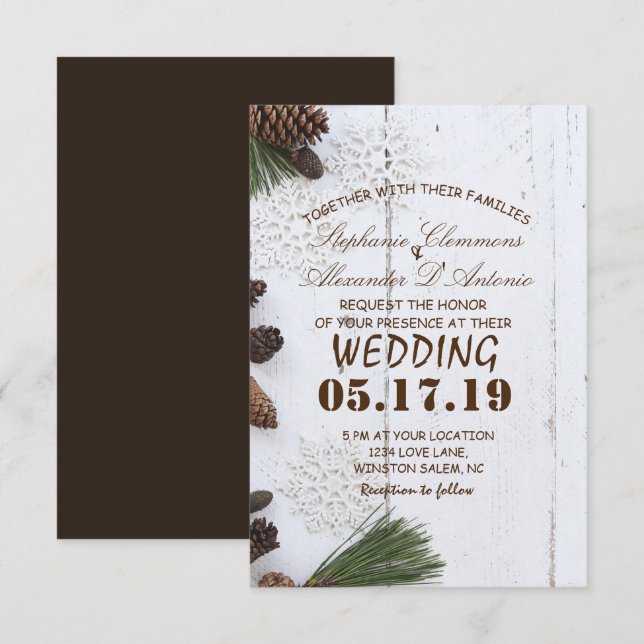Winter Pinecone and Snowflakes Wedding Card (Front/Back)