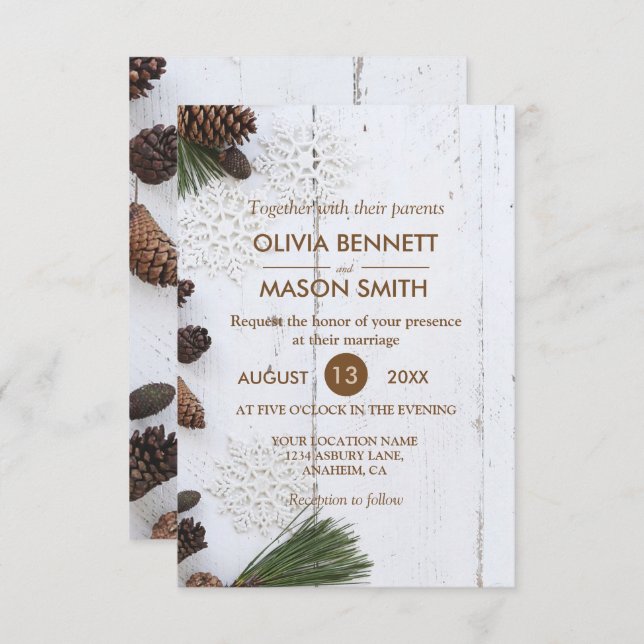 Winter Pinecone and Snowflakes Wedding Card (Front/Back)