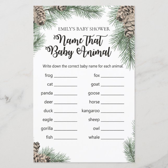 Winter Pinecone Baby Shower Game with Answer (Front)