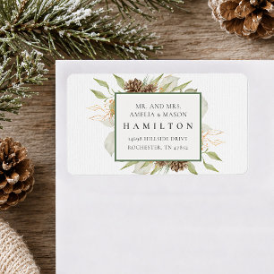 Winter Pinecone Botanical Foliage Green and Gold Label