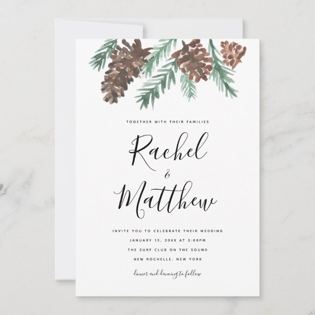 Winter Pinecone Watercolor  Wedding Invitation (Front)