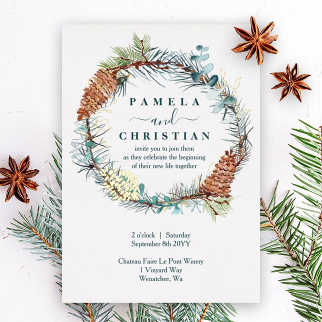 Winter Pinecone Wreath, Eucalyptus Wedding (winter eucalyptus leaves rustic pinecones wedding invitation with gold foil pinecone & pine needles)