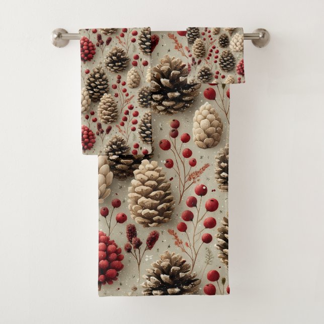 Winter Pinecones and Red Berries Bath Towel Set (Insitu)