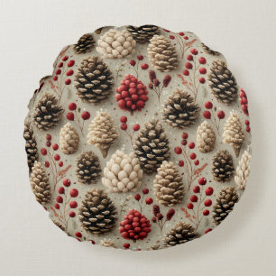 Winter Pinecones and Red Berries Round Cushion